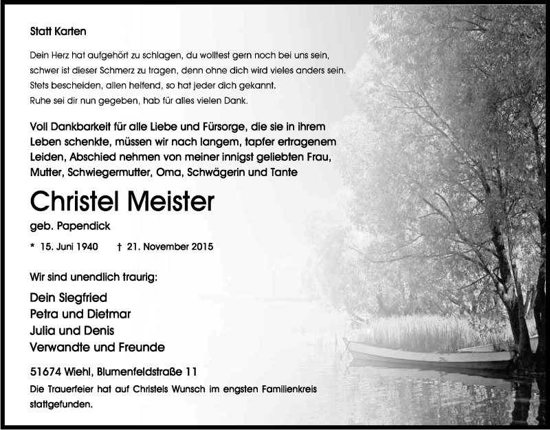  Traueranzeige für Christel Meister vom 01.12.2015 aus Kölner Stadt-Anzeiger / Kölnische Rundschau / Express