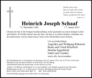Anzeige von Heinrich Joseph Schaaf von Kölner Stadt-Anzeiger / Kölnische Rundschau / Express