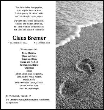 Anzeige von Claus Bremer von Kölner Stadt-Anzeiger / Kölnische Rundschau / Express