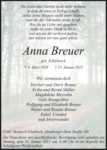 Anzeige von Anna Breuer von Kölner Stadt-Anzeiger / Kölnische Rundschau / Express