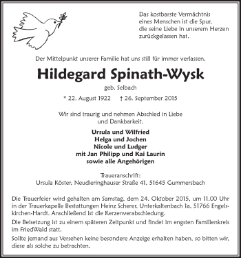 Anzeige von Hildegard Spinath-Wysk von  Anzeigen Echo 