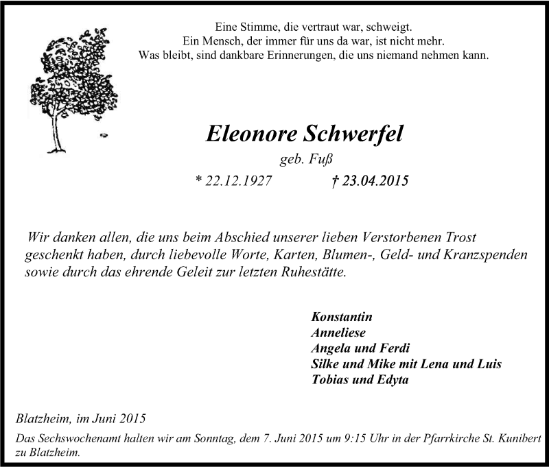  Traueranzeige für Eleonore Schwerfel vom 06.06.2015 aus Kölner Stadt-Anzeiger / Kölnische Rundschau / Express
