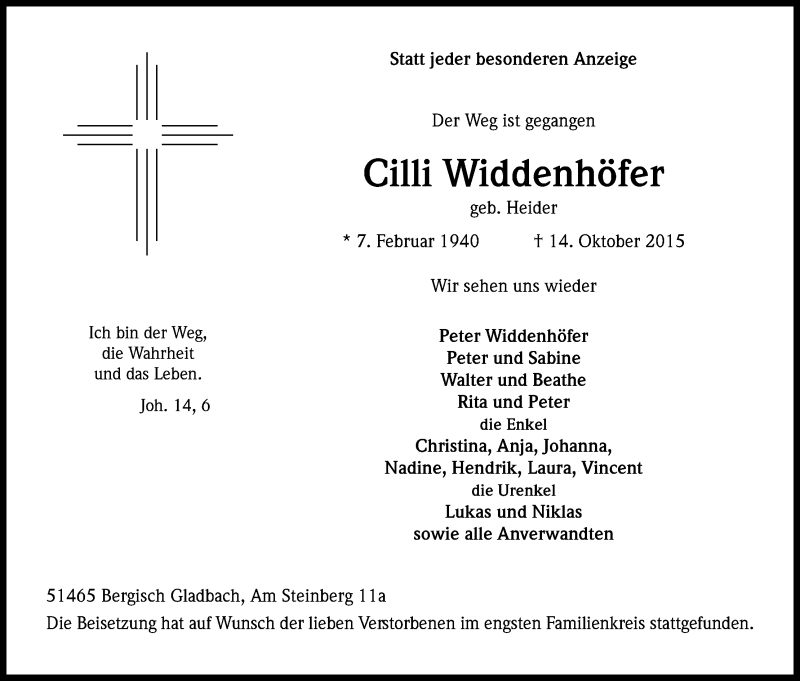  Traueranzeige für Cilli Widdenhöfer vom 15.10.2015 aus Kölner Stadt-Anzeiger / Kölnische Rundschau / Express