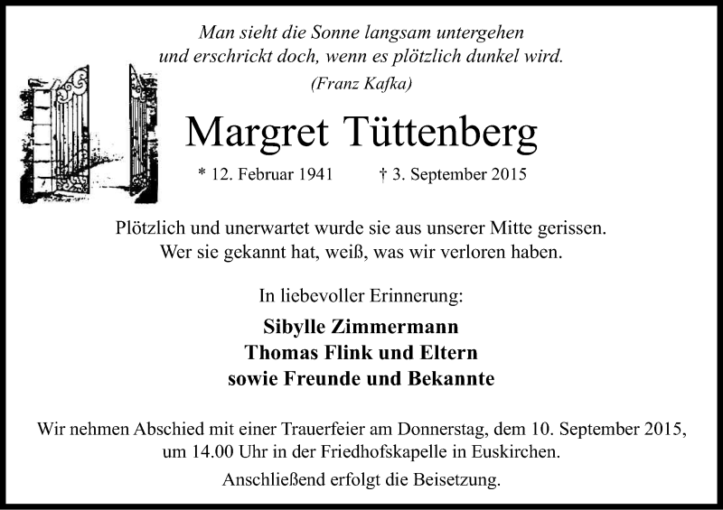  Traueranzeige für Margret Tüttenberg vom 07.09.2015 aus Kölner Stadt-Anzeiger / Kölnische Rundschau / Express