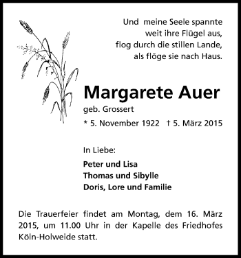 Anzeige von Margarete Auer von Kölner Stadt-Anzeiger / Kölnische Rundschau / Express