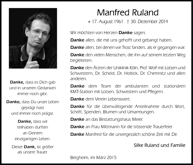  Traueranzeige für Manfred Ruland vom 20.03.2015 aus Kölner Stadt-Anzeiger / Kölnische Rundschau / Express