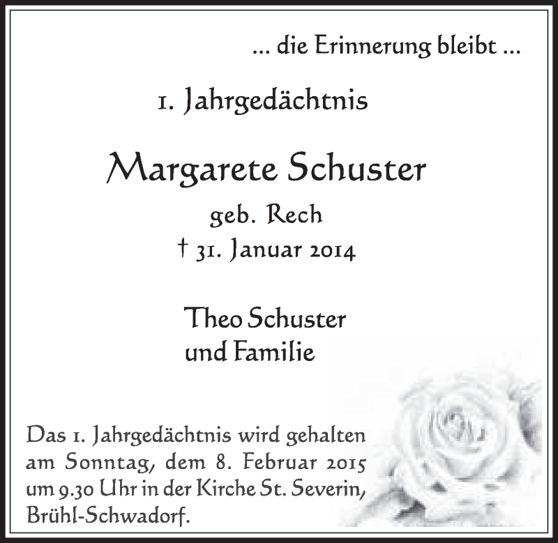  Traueranzeige für Margarete Schuster vom 28.01.2015 aus  Schlossbote/Werbekurier 