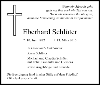 Anzeige von Eberhard Schlüter von Kölner Stadt-Anzeiger / Kölnische Rundschau / Express