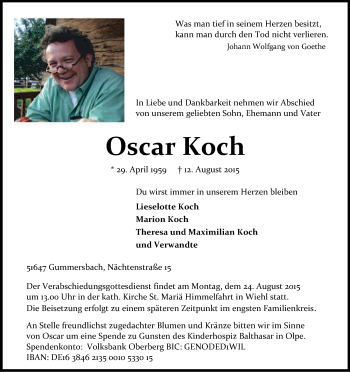 Anzeige von Oscar Koch von Kölner Stadt-Anzeiger / Kölnische Rundschau / Express