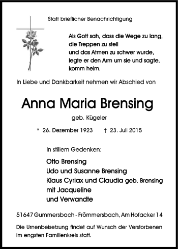 Anzeige von Anna Maria Brensing von Kölner Stadt-Anzeiger / Kölnische Rundschau / Express