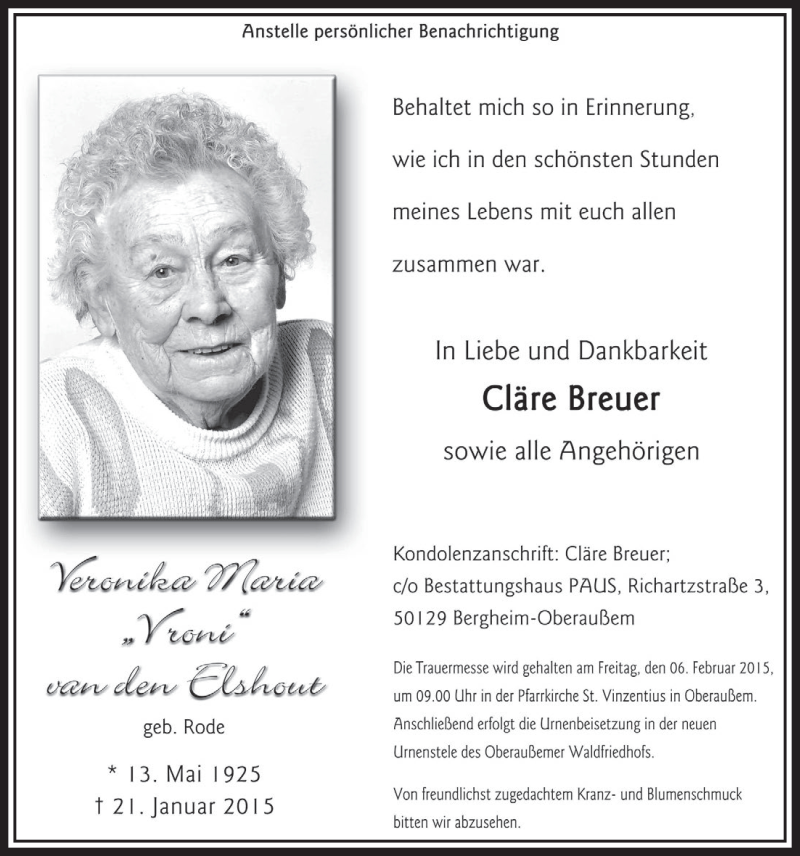  Traueranzeige für Veronika Maria van den Elshout vom 31.01.2015 aus  Sonntags-Post 