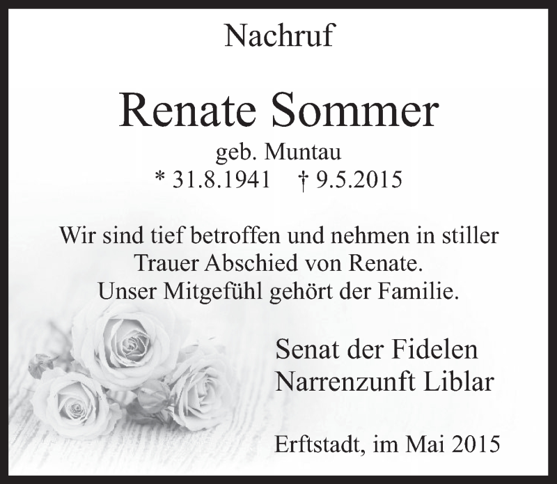  Traueranzeige für Renate Sommer vom 20.05.2015 aus  Werbepost 
