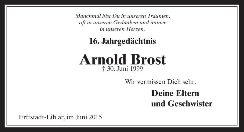  Traueranzeige für Arnold Brost vom 10.06.2015 aus  Werbepost 