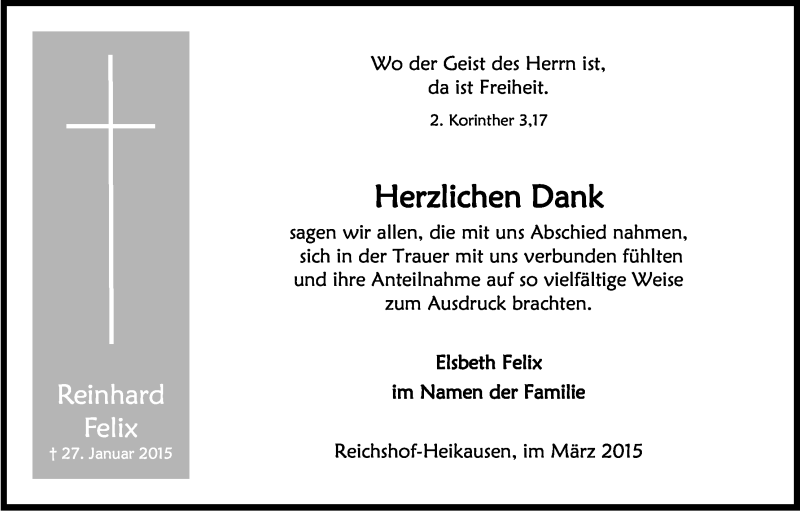  Traueranzeige für Reinhard Felix vom 28.03.2015 aus Kölner Stadt-Anzeiger / Kölnische Rundschau / Express