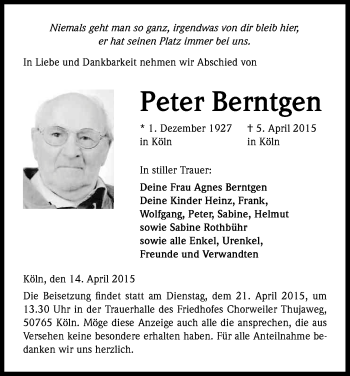 Anzeige von Peter Berntgen von Kölner Stadt-Anzeiger / Kölnische Rundschau / Express
