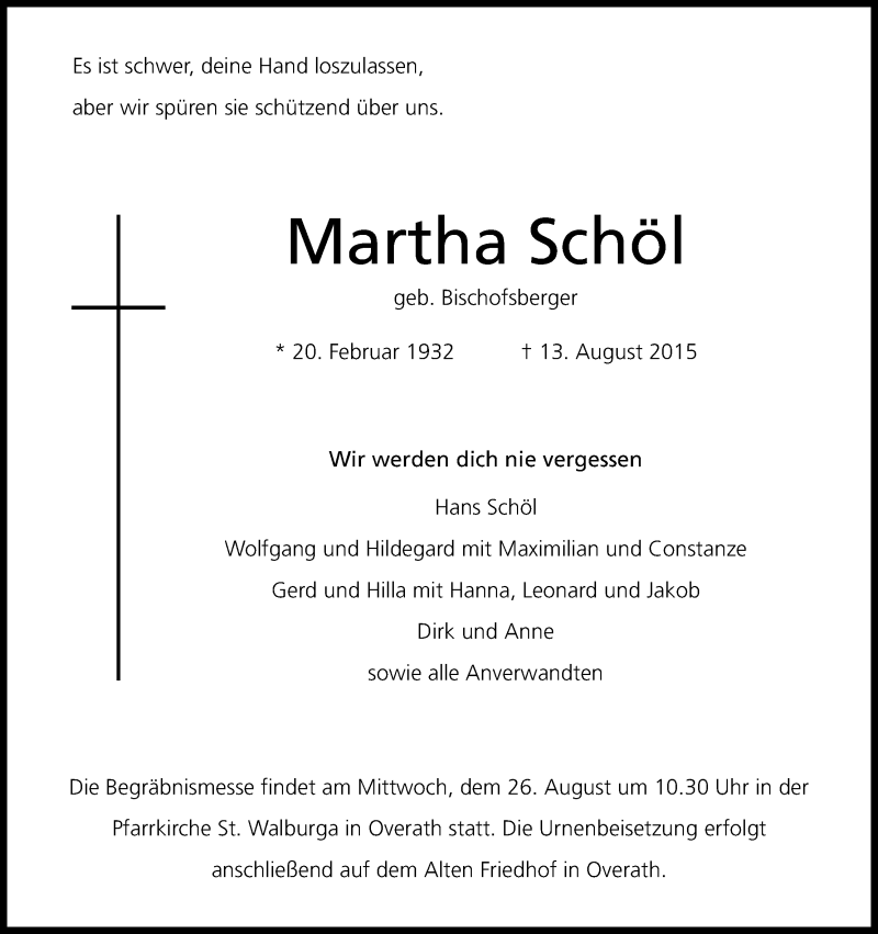  Traueranzeige für Martha Schöl vom 22.08.2015 aus Kölner Stadt-Anzeiger / Kölnische Rundschau / Express