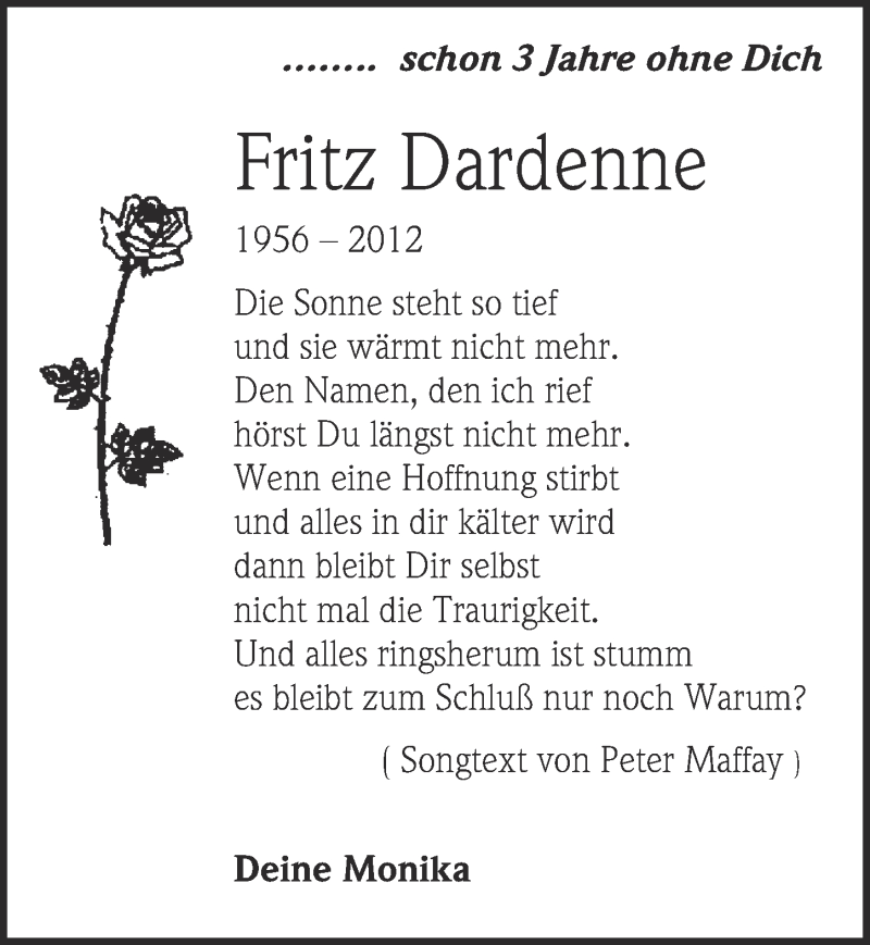  Traueranzeige für Fritz Dardenne vom 25.01.2015 aus  Blickpunkt Euskirchen 