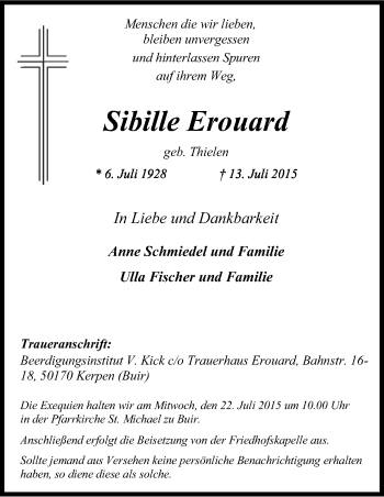 Anzeige von Sibille Erouard von Kölner Stadt-Anzeiger / Kölnische Rundschau / Express
