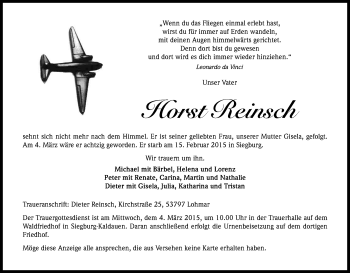 Anzeige von Horst Reinsch von Kölner Stadt-Anzeiger / Kölnische Rundschau / Express