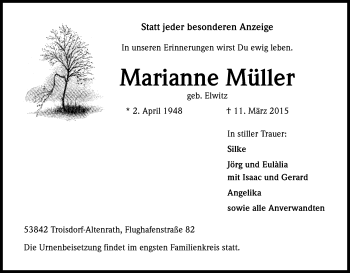 Anzeige von Marianne Müller von Kölner Stadt-Anzeiger / Kölnische Rundschau / Express