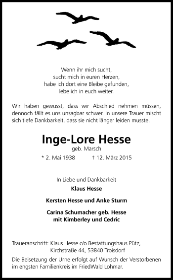 Anzeige von Inge-Lore Hesse von Kölner Stadt-Anzeiger / Kölnische Rundschau / Express