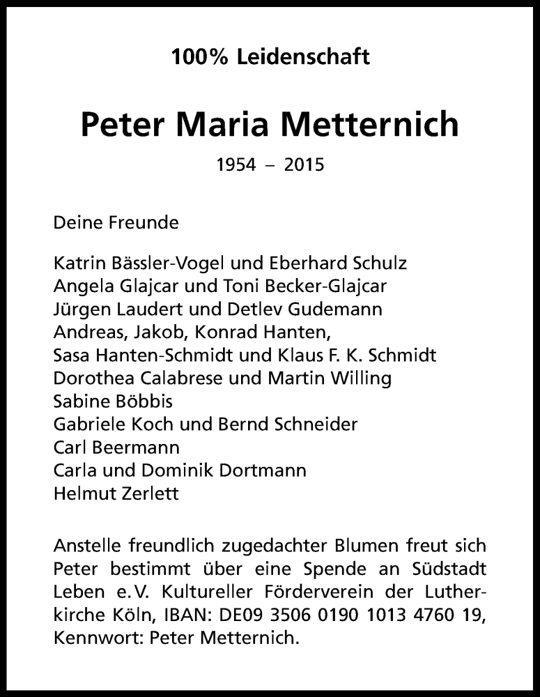  Traueranzeige für Peter Maria Metternich vom 08.07.2015 aus Kölner Stadt-Anzeiger / Kölnische Rundschau / Express