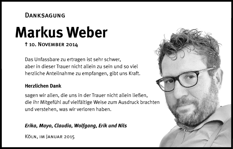  Traueranzeige für Markus Weber vom 28.01.2015 aus  Kölner Wochenspiegel 