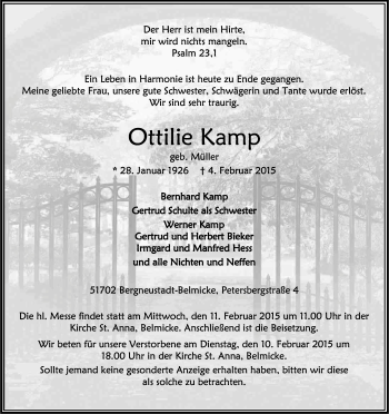 Anzeige von Ottilie Kamp von Kölner Stadt-Anzeiger / Kölnische Rundschau / Express