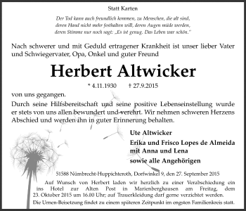 Anzeige von Herbert Altwicker von  Lokalanzeiger 