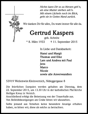 Anzeige von Gertrud Kaspers von Kölner Stadt-Anzeiger / Kölnische Rundschau / Express