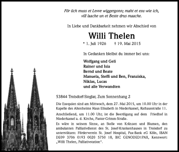 Anzeige von Willi Thelen von Kölner Stadt-Anzeiger / Kölnische Rundschau / Express