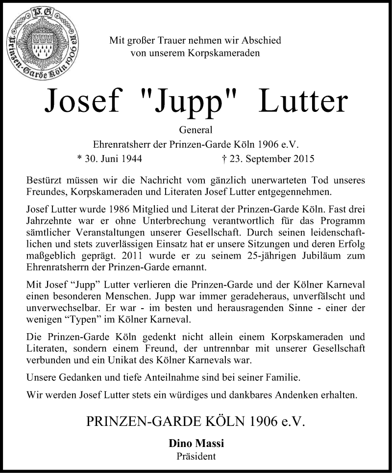  Traueranzeige für Josef Lutter vom 30.09.2015 aus Kölner Stadt-Anzeiger / Kölnische Rundschau / Express