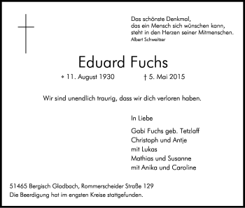 Anzeige von Eduard Fuchs von Kölner Stadt-Anzeiger / Kölnische Rundschau / Express