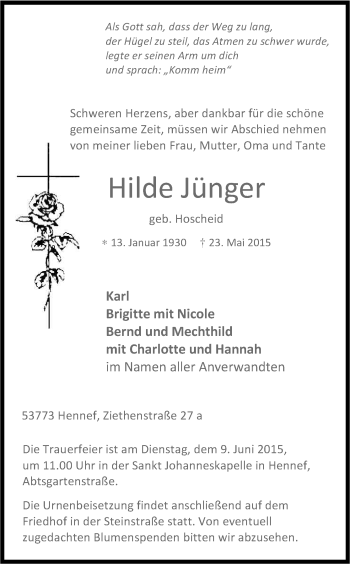 Anzeige von Hilde Jünger von Kölner Stadt-Anzeiger / Kölnische Rundschau / Express