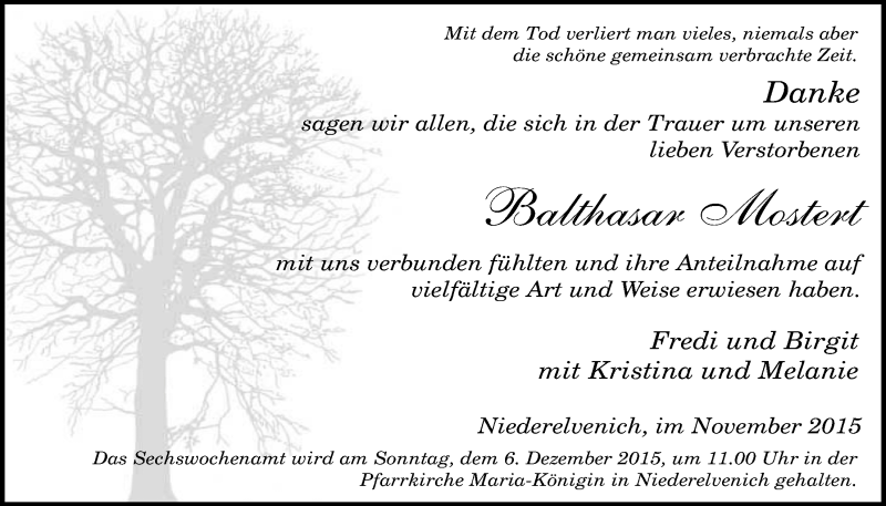  Traueranzeige für Balthasar Mostert vom 22.11.2015 aus  Blickpunkt Euskirchen 