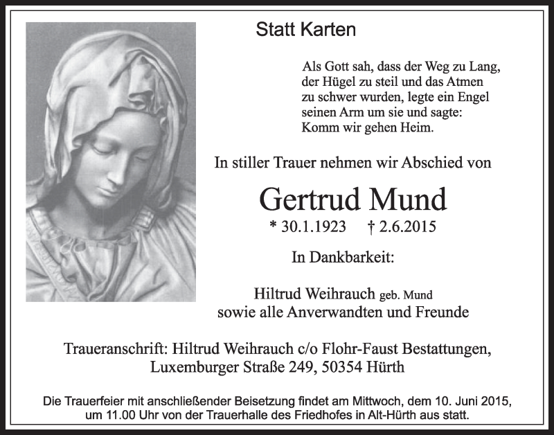  Traueranzeige für Gertrud Mund vom 06.06.2015 aus  Sonntags-Post 