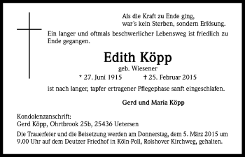 Anzeige von Edith Köpp von Kölner Stadt-Anzeiger / Kölnische Rundschau / Express