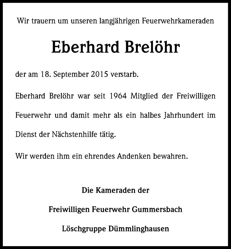  Traueranzeige für Eberhard Brelöhr vom 26.09.2015 aus Kölner Stadt-Anzeiger / Kölnische Rundschau / Express