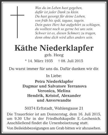 Anzeige von Käthe Niederklapfer von  Sonntags-Post 