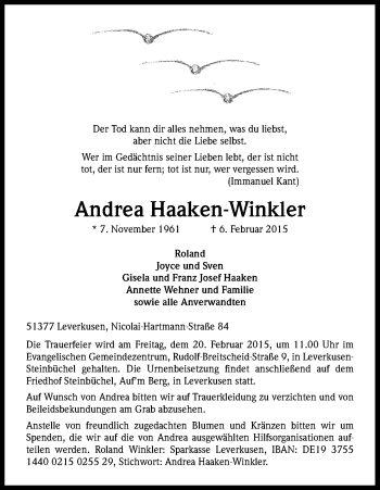 Anzeige von Andrea Haaken-Winkler von Kölner Stadt-Anzeiger / Kölnische Rundschau / Express