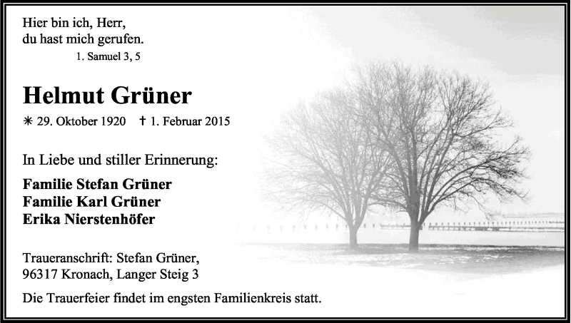  Traueranzeige für Helmut Grüner vom 04.02.2015 aus Kölner Stadt-Anzeiger / Kölnische Rundschau / Express