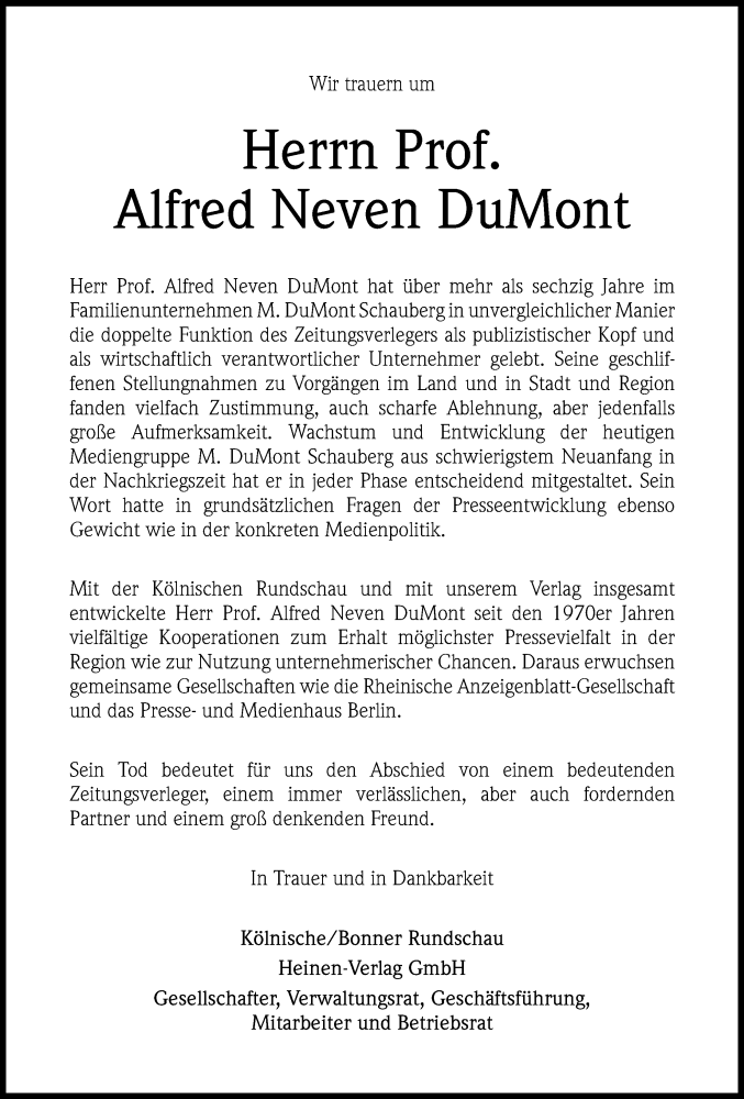  Traueranzeige für Alfred Neven DuMont vom 06.06.2015 aus Kölner Stadt-Anzeiger / Kölnische Rundschau / Express