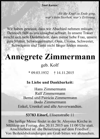 Anzeige von Annegrete Zimmermann von Kölner Stadt-Anzeiger / Kölnische Rundschau / Express