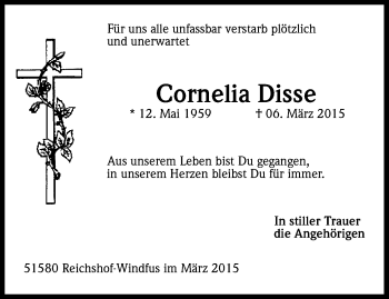 Anzeige von Cornelia Disse von Kölner Stadt-Anzeiger / Kölnische Rundschau / Express