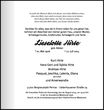 Anzeige von Lieselotte Hirte von Kölner Stadt-Anzeiger / Kölnische Rundschau / Express