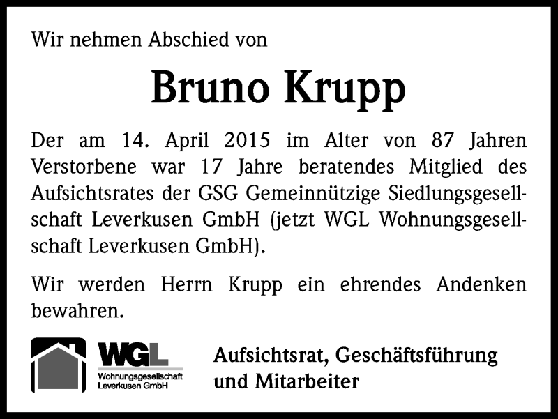  Traueranzeige für Bruno Krupp vom 25.04.2015 aus Kölner Stadt-Anzeiger / Kölnische Rundschau / Express