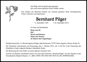 Anzeige von Bernhard Pilger von Kölner Stadt-Anzeiger / Kölnische Rundschau / Express