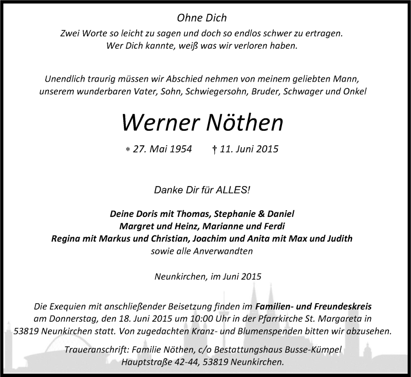  Traueranzeige für Werner Nöthen vom 16.06.2015 aus Kölner Stadt-Anzeiger / Kölnische Rundschau / Express