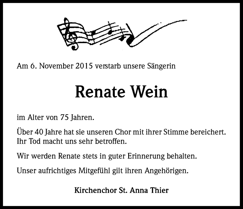  Traueranzeige für Renate Wein vom 14.11.2015 aus Köln - Wir Trauern
