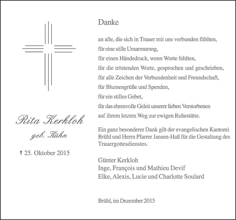  Traueranzeige für Rita Kerkloh vom 16.12.2015 aus  Schlossbote/Werbekurier 